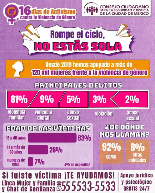Consejo Ciudadano ha apoyado a más de 121 mil mujeres víctimas de violencia de género en CDMX. Foto: Especial