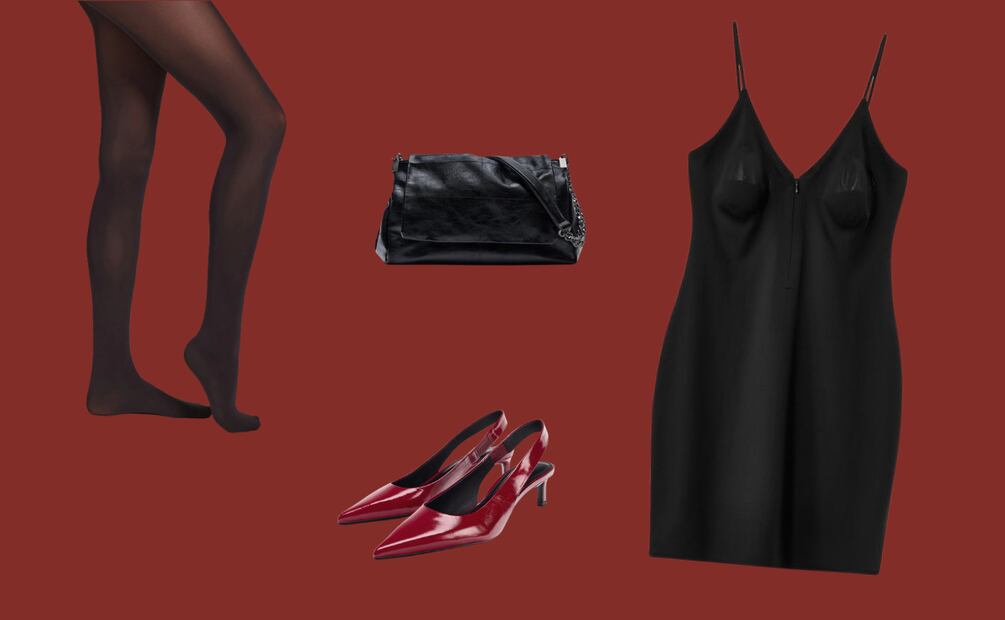 Vestido negro, medias y tacones rojos: minimalismo con un guiño muy Valentine’s. Foto: Zara