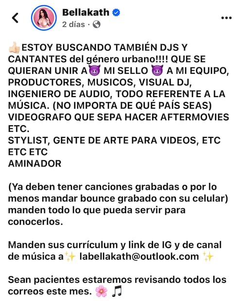 Además la intérprete de “Gatita” aprovechó la oportunidad para lanzar otra convocatoria en donde busca DJ´s, cantantes del género urbano y productores. Foto: Redes sociales