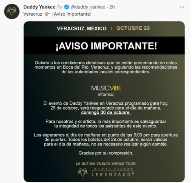 Por condiciones climáticas cancelan concierto de Daddy Yankee en Veracruz