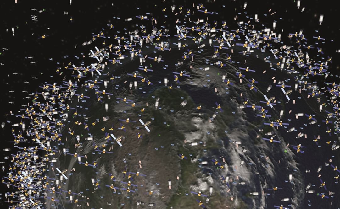 Imagen creada a computadoora que muestra una impresión artística de basura espacial. Foto: AP, ESA