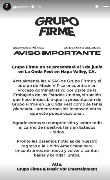 Comunicado de Grupo Firme. Foto: Instagram oficial.