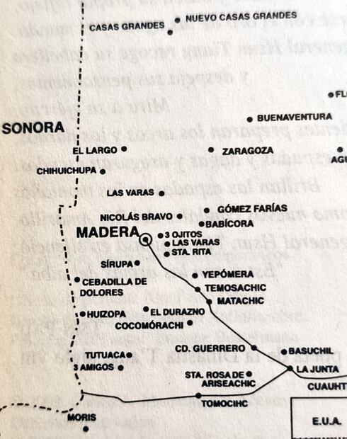 Mapa de referencia de la zona de Madera. Las autoridades porfirianas permitieron la tala indiscriminada del bosque chihuahuense para la venta de madera y el establecimiento de vías ferroviarias. Foto: ESPECIAL/Tomada del libro “Las armas del alba”.