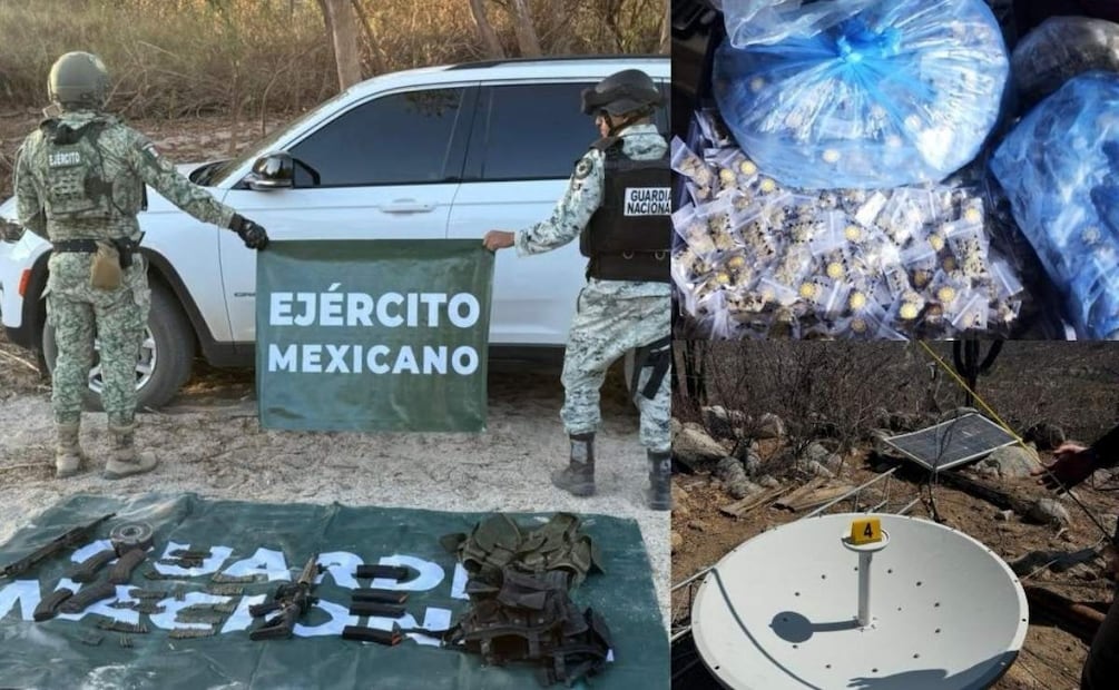 Decomiso de 8 mil dosis de droga, armas y desmantelamiento de una antena repetidora durante operativo en Baja California Sur (11/07/2025). Foto: Especial