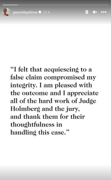 Gwyneth Paltrow agradece a juez su deliberación del caso de 2016 por el que fue acusada. Foto: Vía Instagram.