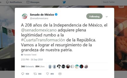 Tuit del Senado que aludía a la Cuarta Trasformación causa polémica