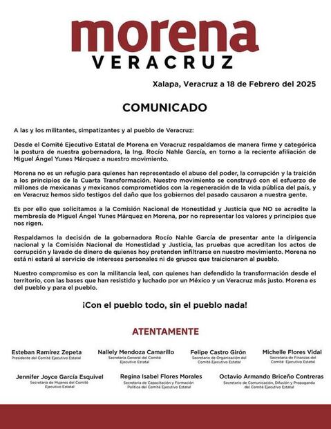 Comunicado de Morena Veracruz. Foto: Captura de pantalla