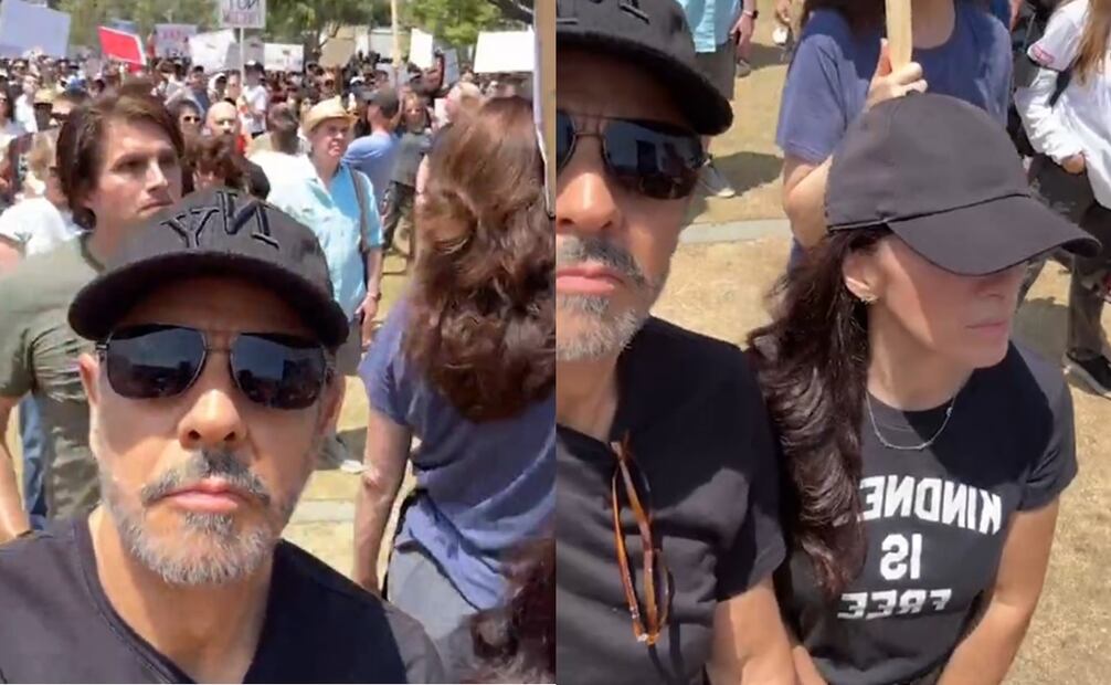 Eugenio Derbez y Alessandra Rosaldo durante las marchas en el "No king day". Foto: Instagram oficial.