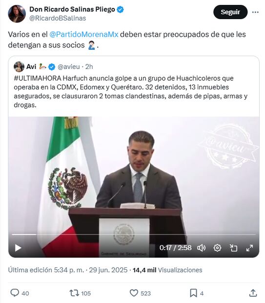 Salinas Pliego lanza comentario picante a militantes y simpatizantes del partido de 'Morena'. Foto: Captura de pantalla