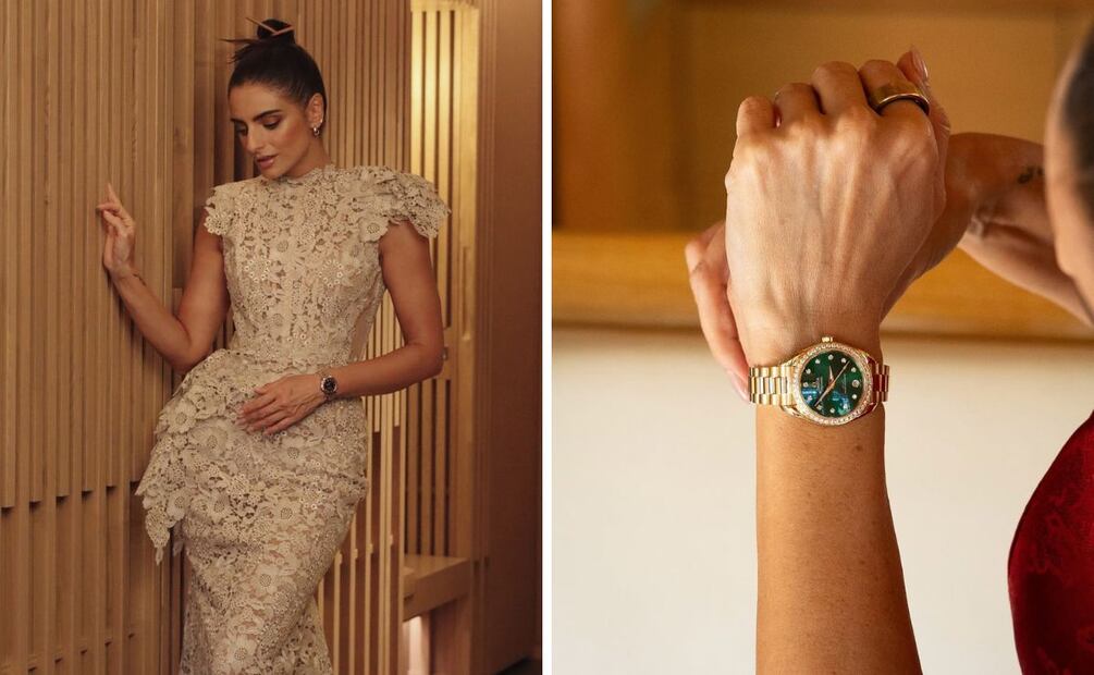 Aislinn Derbez es embajadora de Omega y muestra un reloj de la nueva colección. Foto: Especial. Instagram @aislinnderbez