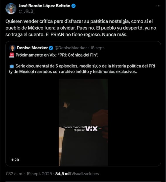 Publicación en X de José Ramón López Beltrán, hijo de AMLO. Foto: captura de pantalla