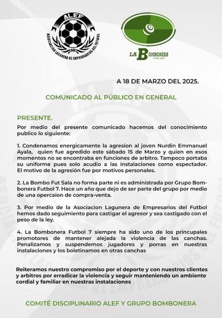 Comunicado de la cancha La Bombonera Futbol 7 | FOTO: facebook