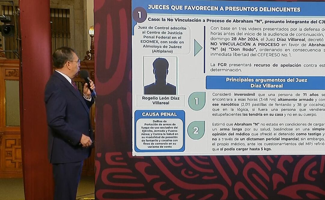 El subsecretario Luis Rodríguez Bucio exhibe en la mañanera el caso de Abraham Oseguera Cervantes “Don Rodo”, hermano de El Mencho. /  Foto: Especial