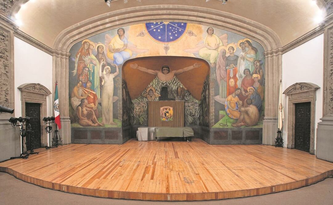 Rivera utilizó en este mural la técnica de la encáustica, que emplea cera fundida y resina para aglutinar los pigmentos, y se aplica con fuego directo. Foto: UNAM.