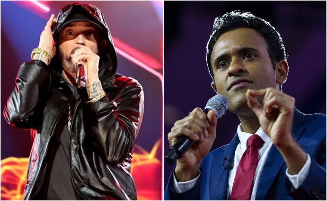 Eminem y el precandidato republicano Vivek Ramaswamy. Foto: AFP y AP