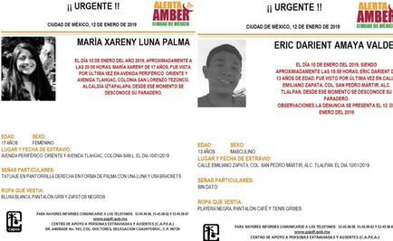 Alerta Amber para localizar a María Xareny Luna Palma y a Eric Darient Amaya Valdez