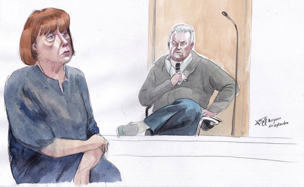 Este boceto de la sala del tribunal realizado por Valentin Pasquier muestra a Gisèle Pelicot, izquierda, y su exmarido Dominique Pelicot. Foto: AP / Valentin Pasquier