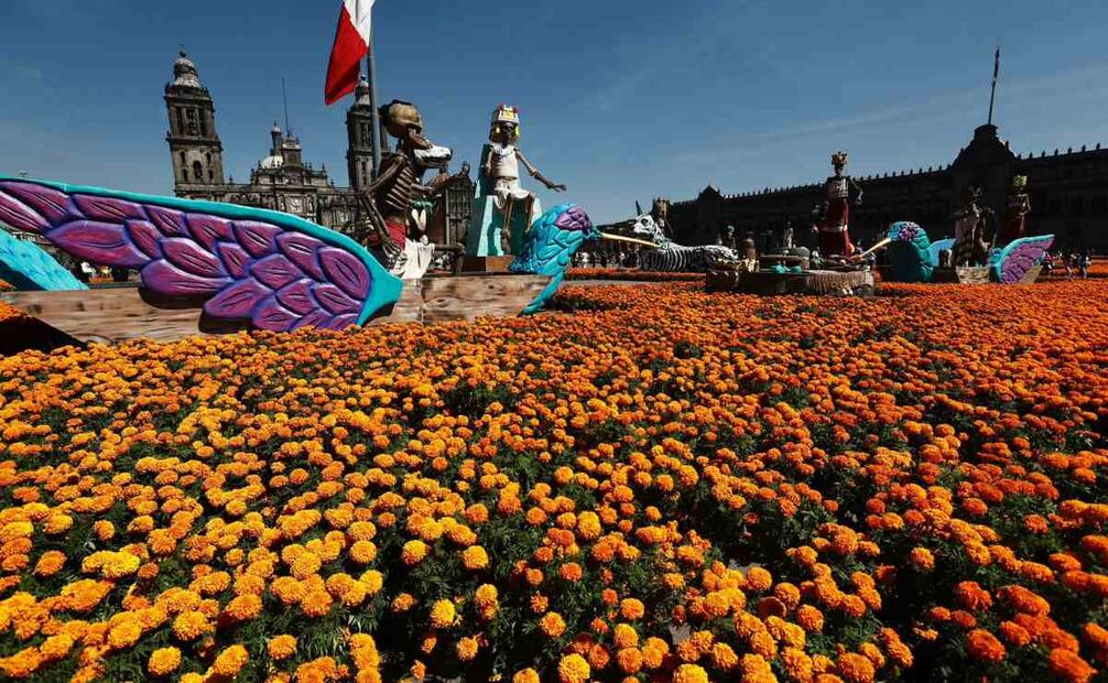 El Zócalo de la CDMX se adornó con cientos de flores de cempasúchil (27/10/2025). Foto: Berenice Fregoso / EL UNIVERSAL