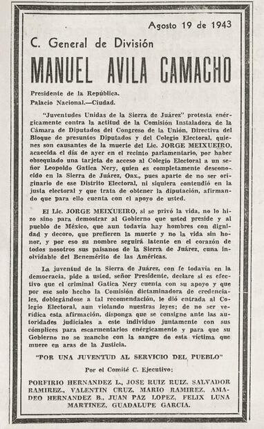 Solicitud de las “Juventudes de la Sierra de Juárez”, Oaxaca, al entonces presidente Ávila Camacho para impedir la diputación de Gatica Neri. Foto: Hemeroteca EL UNIVERSAL