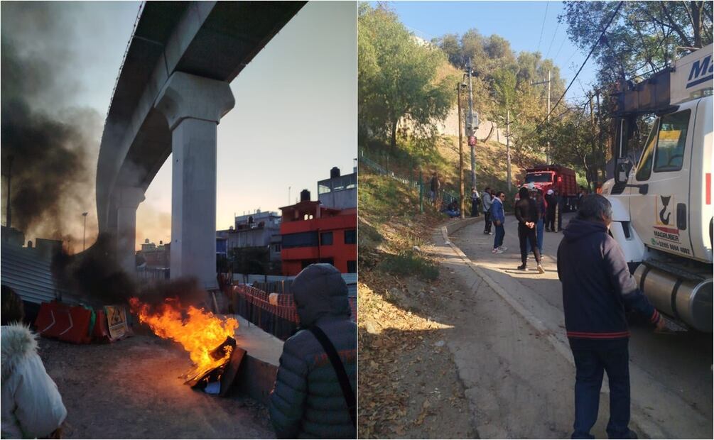 Vecinos de El Capulín en Álvaro Obregón bloquean obra del Tren Interurbano exigiendo solución a daños en viviendas. Foto: Especial