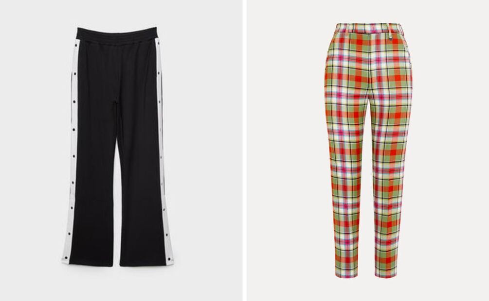 Los pantalones de cuadros se pueden combinar con tops de tonos neutros. Foto: Stradivarius y Vivienne Westwood