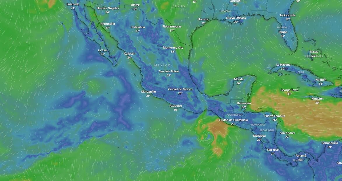 Captura de radar del tiempo a las 11:30am (GMT-6) de Erick. Fuente: Windy.com