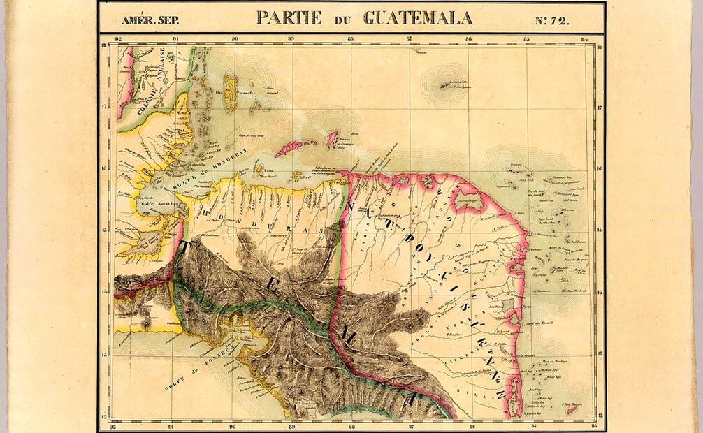 Así como hubo billetes poyaisianos, existen mapas que marcaban el territorio de Poyais para uso y conveniencia de Gregor MacGregor, como en este caso que se señala en rosa a la "Nación Poyaisiana". Wikimedia Commons.