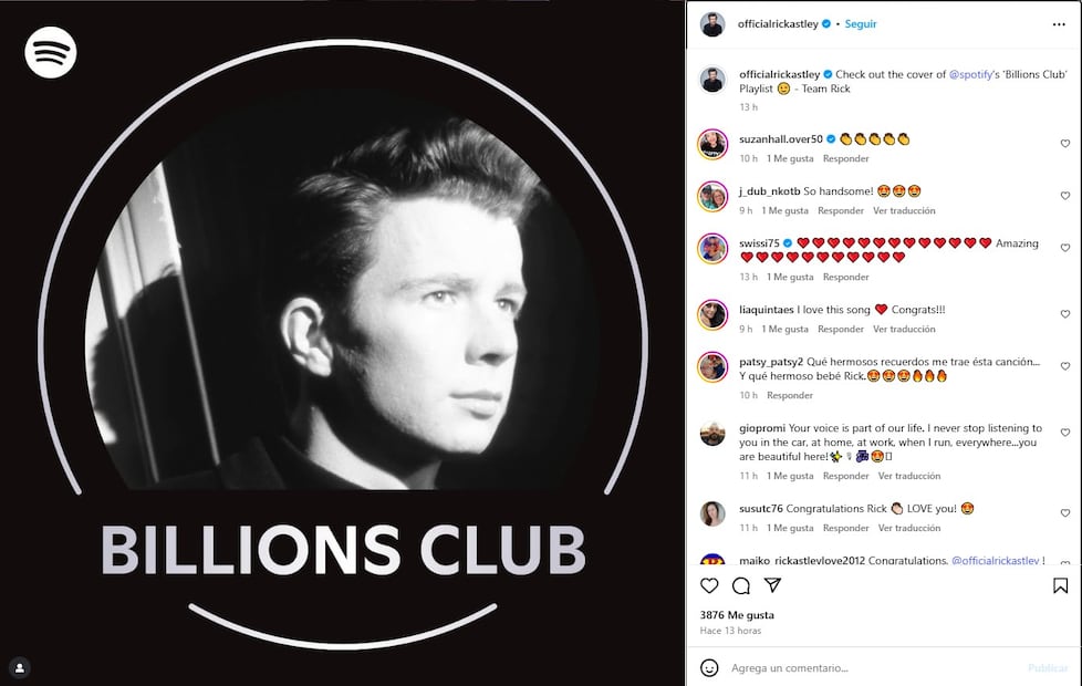 Rick Astley celebra nuevo logro en Spotify.