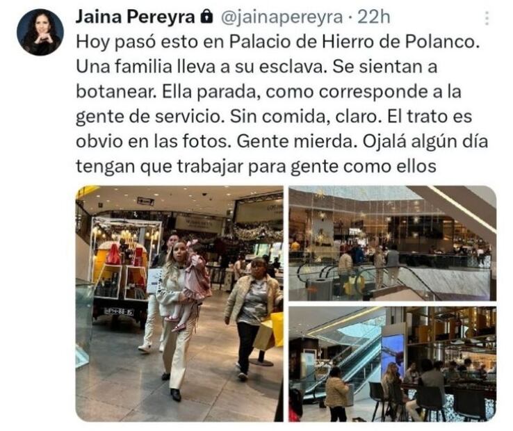 Familia lleva a empleada doméstica de paseo y la dejan de pie mientras comen. Foto: Captura de pantalla