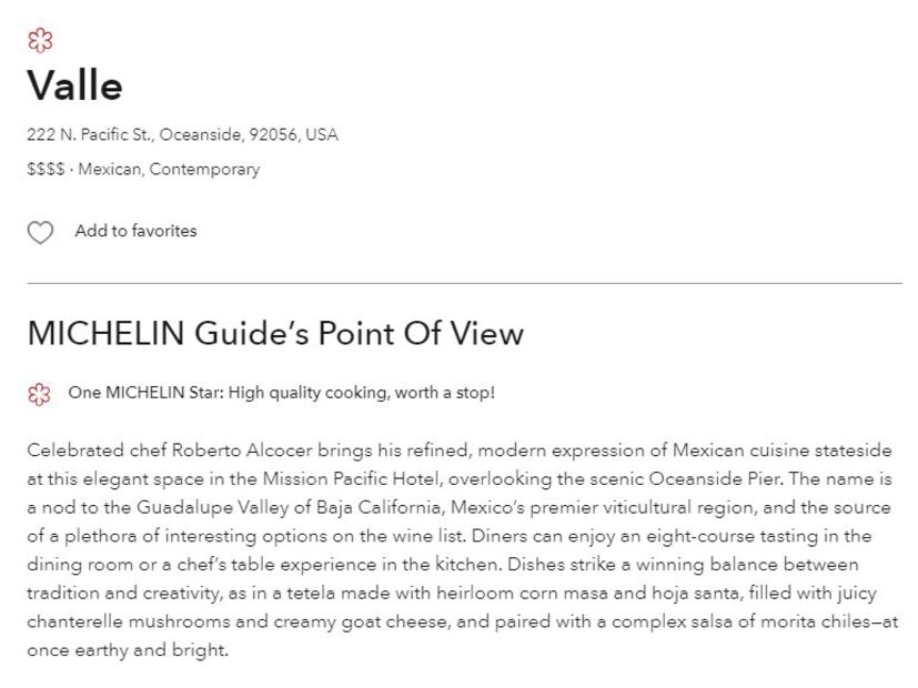 La reseña de Guía michelin sobre Valle.