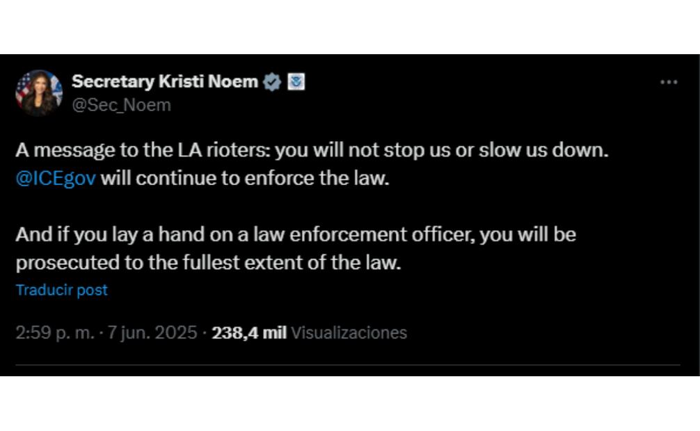 Post de Kristi Noem. (07/06/25) Foto: Captura de pantalla