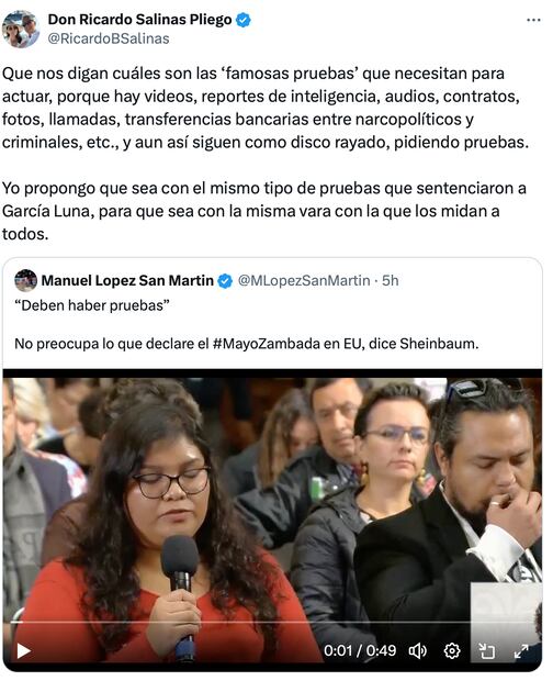 Salinas Pliego pide que se aplique mismo tipo de pruebas a "El Mayo" que con García Luna. Foto: Captura de pantalla