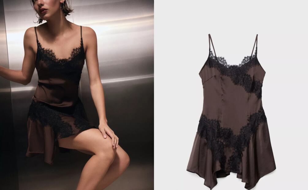 Versión corta y juvenil; el vestido lencero de Stradivarius con encaje es perfecto para las posadas. Foto: Stradivarius