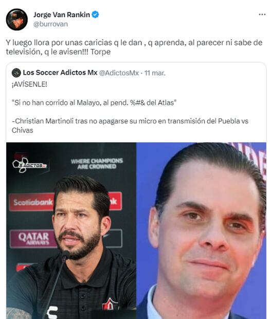 Burro Van Rankin arremete contra Martinoli: “Luego llora por las caricias que le dan, torpe”