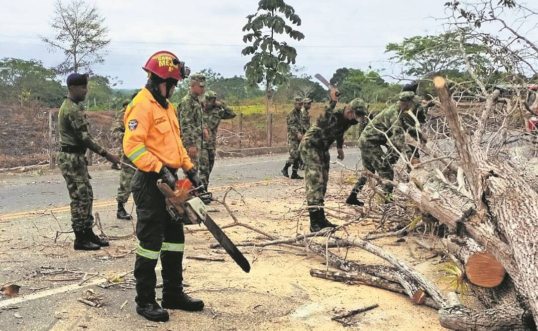 Soldados colombianos mueven un árbol derribado que fue colocado en la región del Bajo Cauca por mineros que llevan días protestando. 