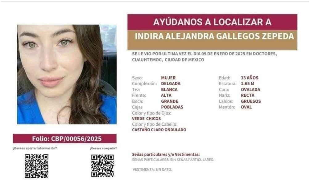 Indira Alejandra Gallegos tenía reporte de desaparición desde el 9 de enero (11/01/2025). Foto: Especial