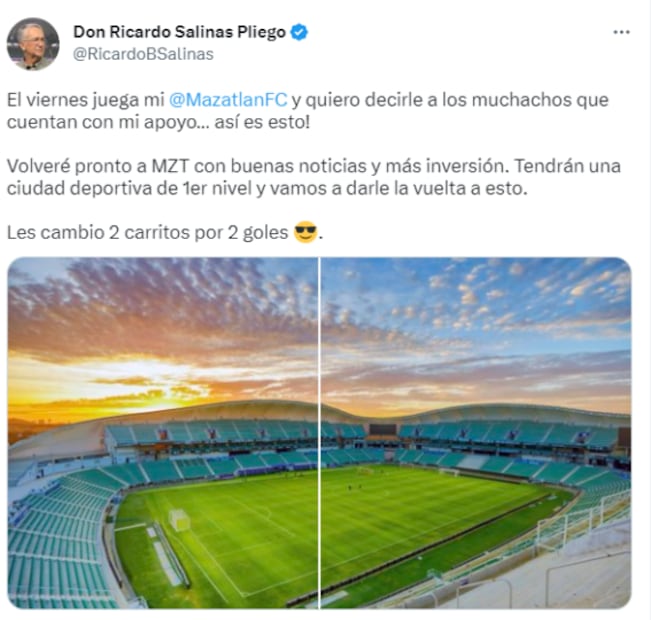 Ricardo Salinas Pliego repite apuesta con el Mazatlán FC: “Les cambio 2 carritos por 2 goles"