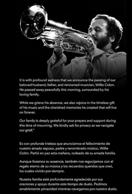 Anuncian la muerte del salsero Willie Colón.