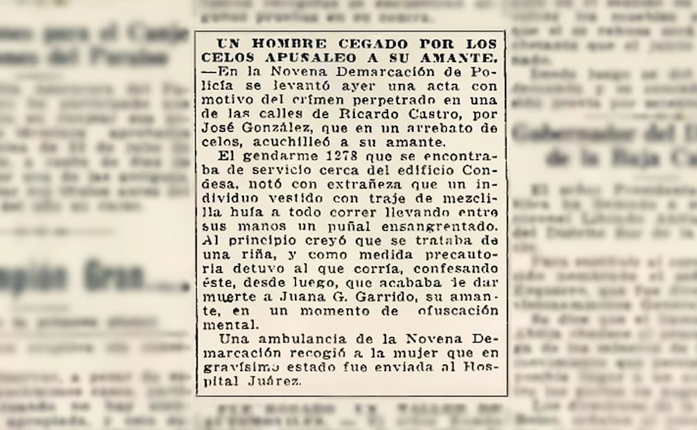 Noticia del 7 de mayo de 1925. “Un hombre, cegado por los celos, apuñaló a su amante” en Peralvillo; el agresor salió corriendo con un puñal ensangrentado entre sus manos, pues “acababa de dar muerte a su amante, en un momento de ofuscación mental”. Foto: Hemeroteca EL UNIVERSAL.
