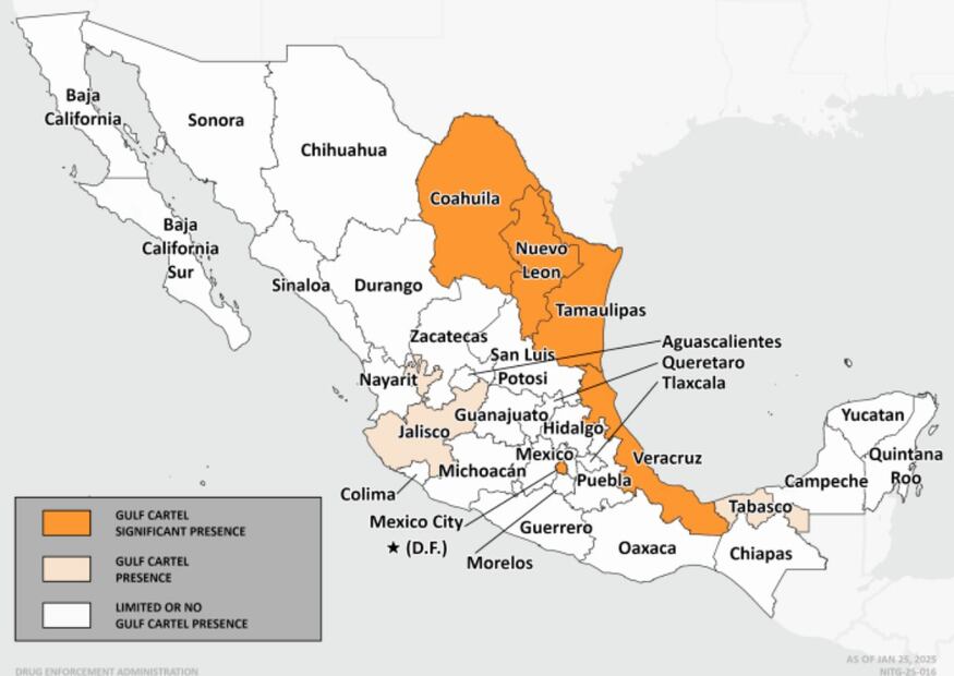 Cártel del Golfo, con bastiones en Coahuila, Nuevo León, Tamaulipas y CDMX. Foto: DEA