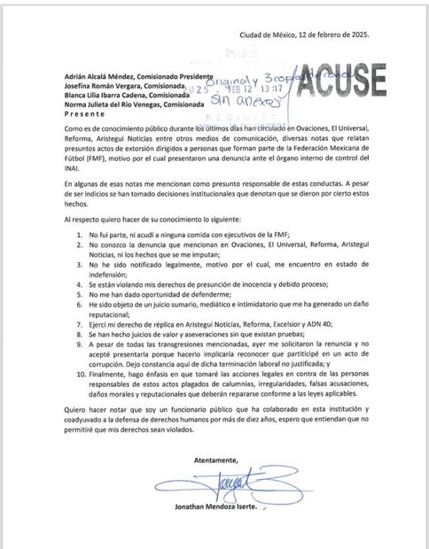 Oficio de Jonathan Mendoza Iserte, cesado del Inai por escándalo con Femexfut. Foto: Especial