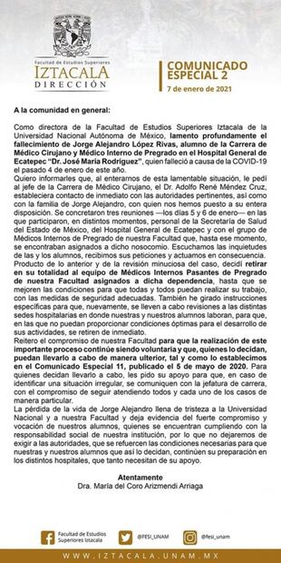 FES Iztacala retira a médicos de hospital general de Ecatepec tras fallecer uno por Covid