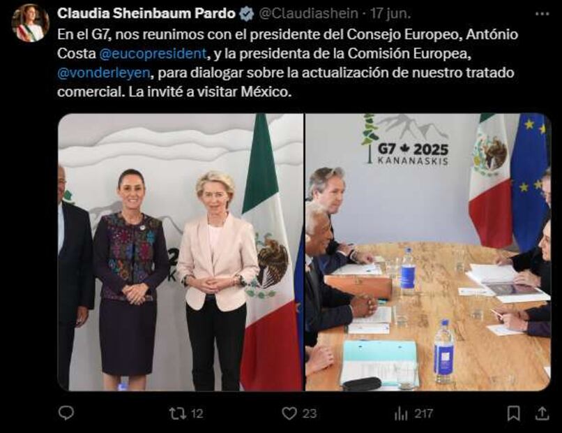 Claudia Sheinbaum con el presidente del Consejo Europeo, António Costa y la presidenta de la Comisión Europea, Ursula von der Leyen. Foto: Captura de pantalla