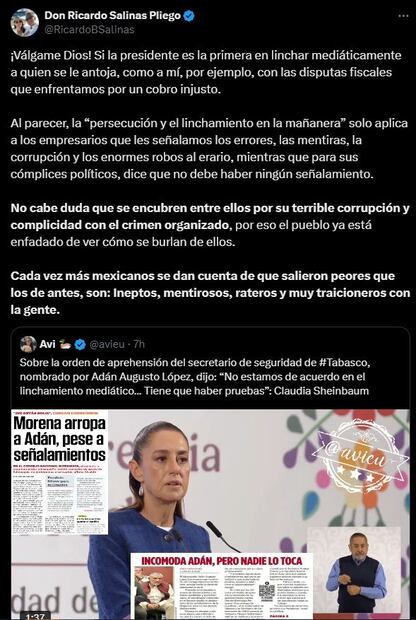 Salinas Pliego lanza dardo a Sheinbaum tras denunciar “linchamiento mediático” contra Adán Augusto. Foto: Captura de pantalla