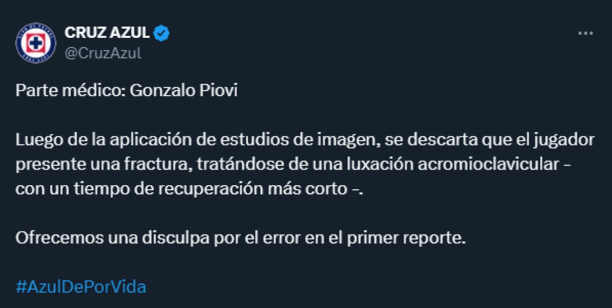 El mensaje de Cruz Azul con la corrección de la lesión de Gonzalo Piovi - Foto: Especial