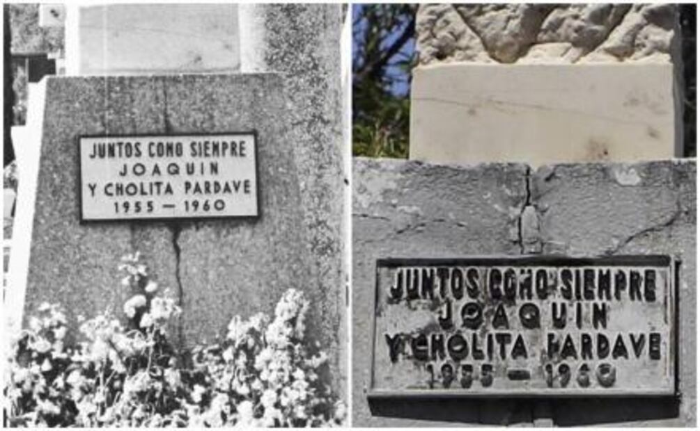 A Joaquín Pardavé y a "Cholita" ni la muerte los separó. Así lucía la placa hace unos años y así luce ahora.