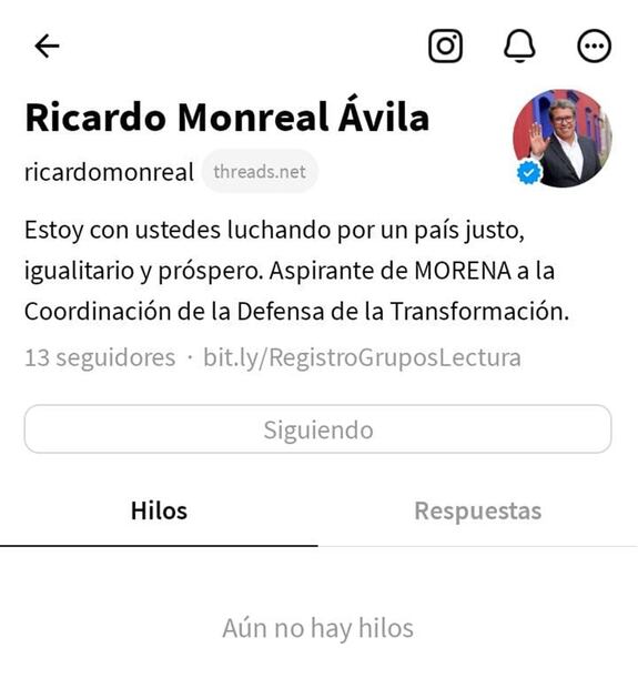 Perfil de Ricardo Monreal. Foto: Captura Threads
