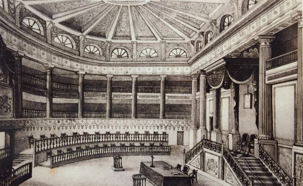 Litografía del recinto parlamentario de Palacio Nacional, elaborada por Pedro Gualdi.