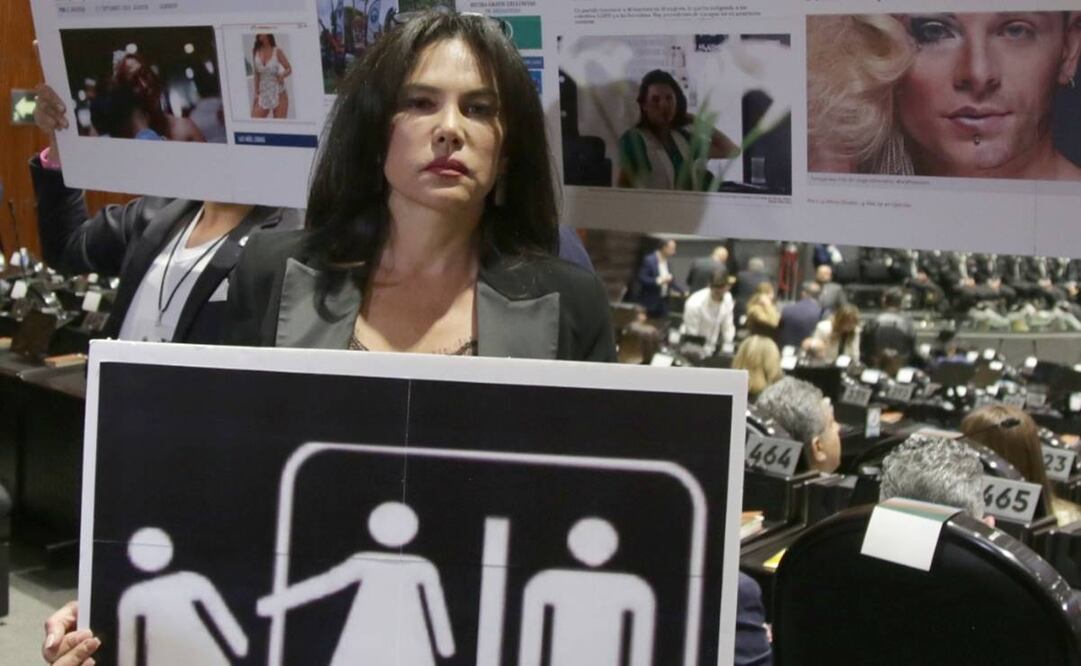 La legisladora mostró una pancarta con diversas imágenes, entre las que se observa el acceso a un sanitario con la imagen de un hombre y una mujer trans, en referencia a que no había espacio para una mujer / Foto: Carlos Odín. EL UNIVERSAL