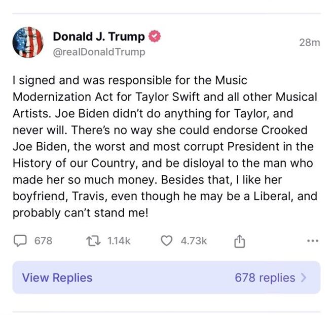 El post de Donald Trump en Truth Social sobre Taylor Swift. FOTO: CAPTURA